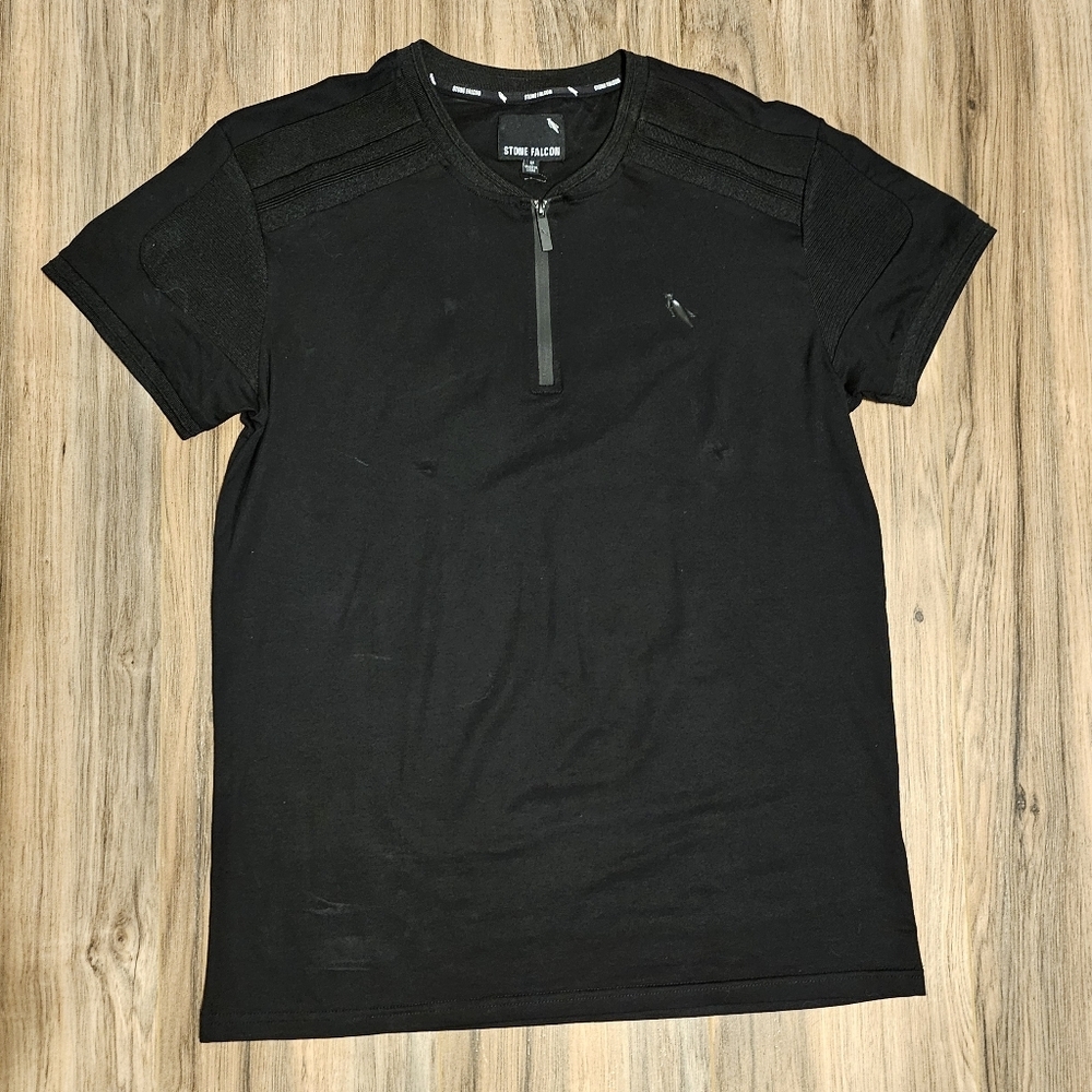 Stone Falcon Black Short Sleeve Tee with Quarter-Zip Collar